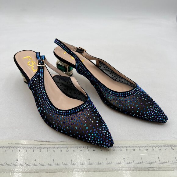 FSJ Dark Purple Pointed Toe Slingback Wedding Chunky Low Heel Rhinestone Pumps - Picture 4 of 8